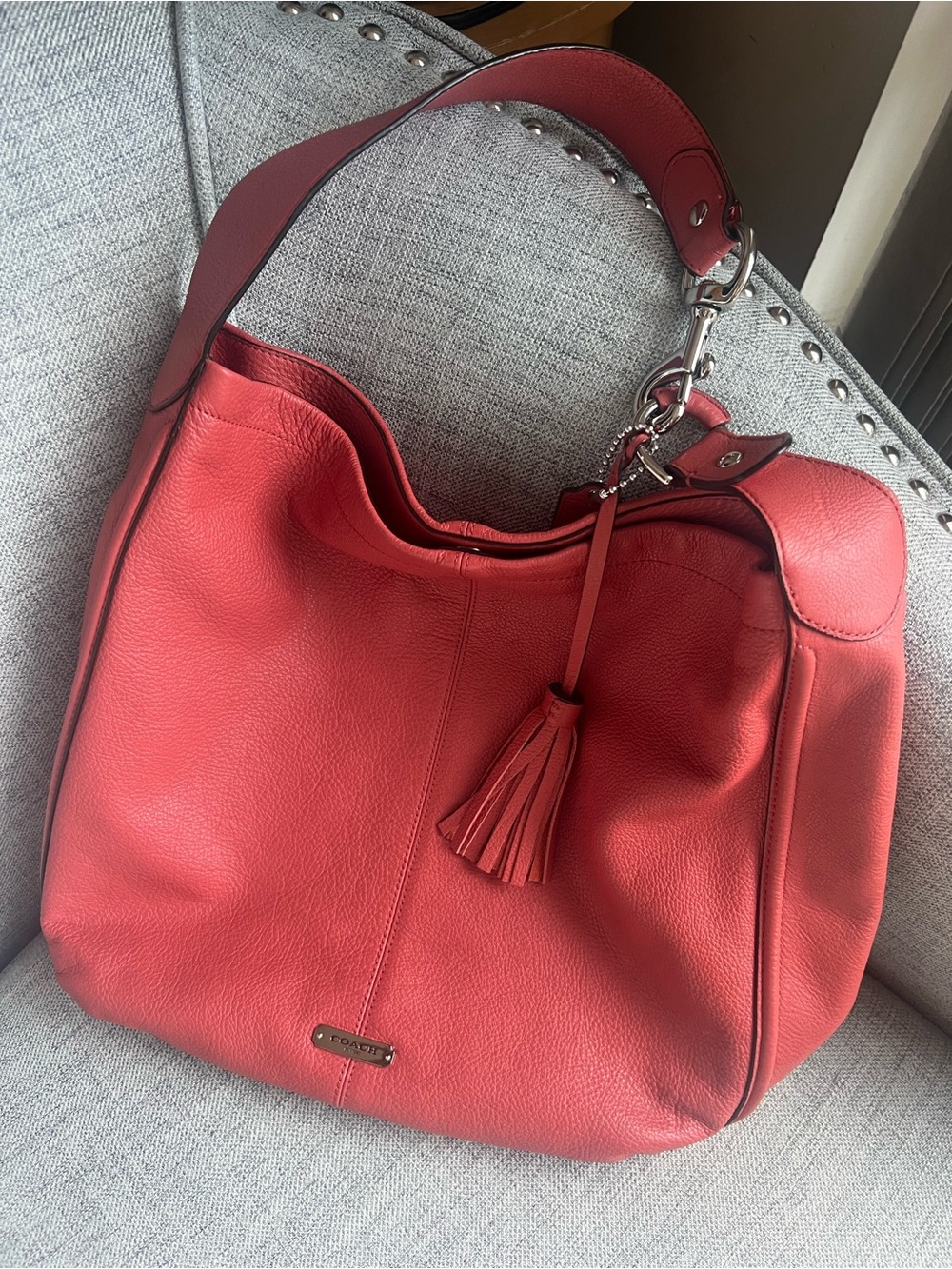 Coach Coral-Red Leather Shoulder Hobo with Tassel